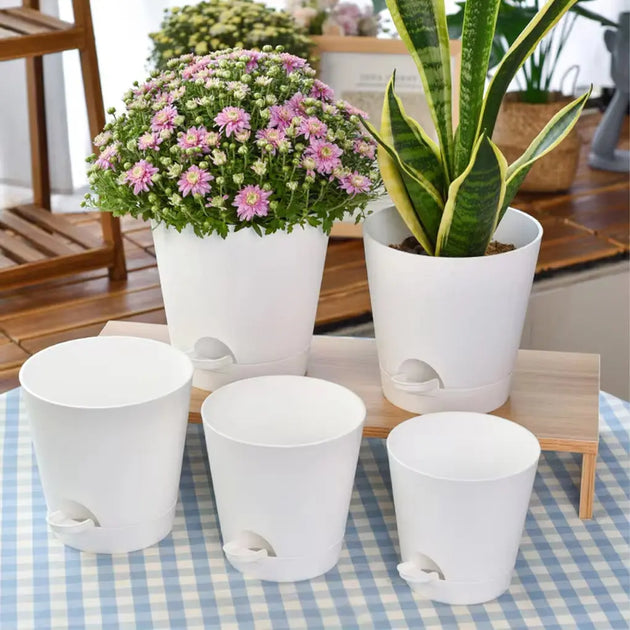 5-Piece Self-Watering Planters – White Flower Pots MHB Hydroponics