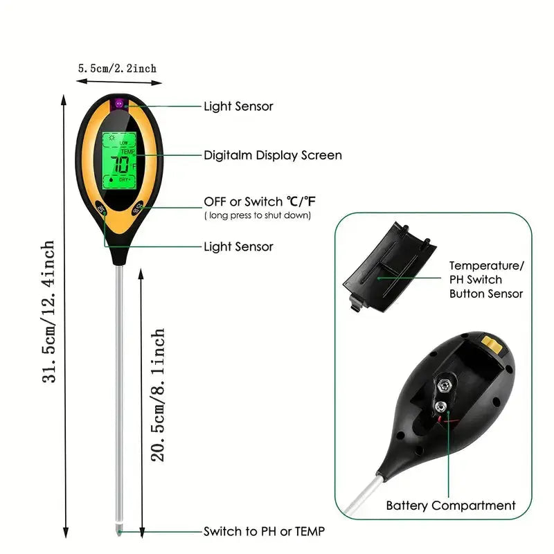 Soil Ph Meter (4 in1)Temp/Moisture/PH/sunlight MHB Hydroponics