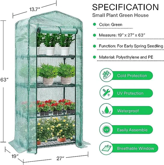 Mini 4-Tier Greenhouse with Green PE Cover and Shelf MHB Hydroponics