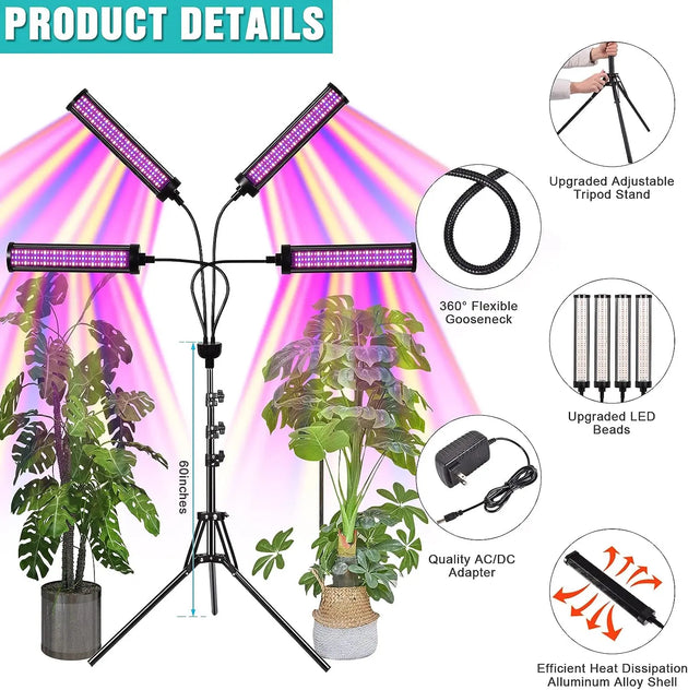 4 Head LED Grow Light with Stand (40W) MHB Hydroponics