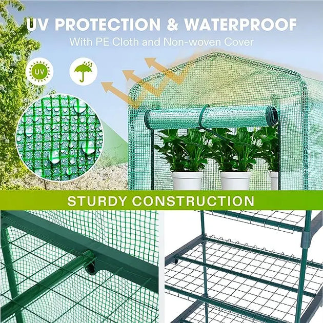 Mini 4-Tier Greenhouse with Green PE Cover and Shelf MHB Hydroponics