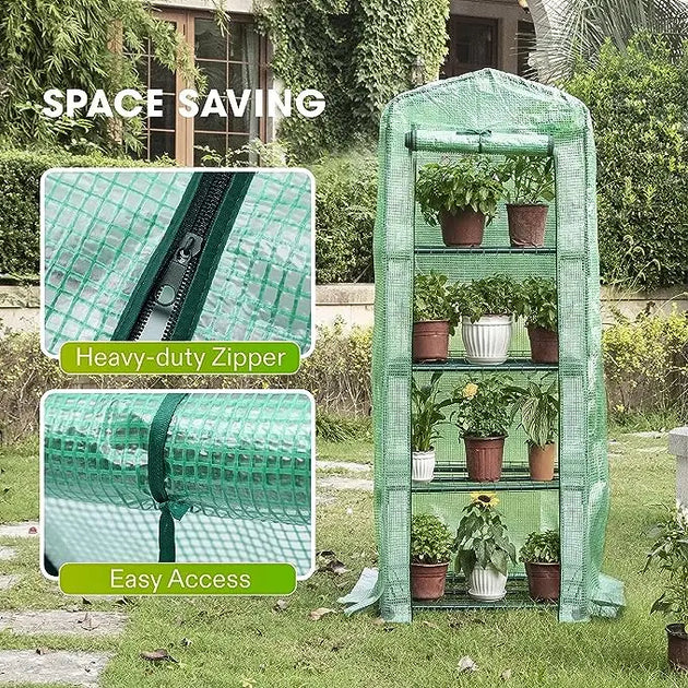 Mini 4-Tier Greenhouse with Green PE Cover and Shelf MHB Hydroponics